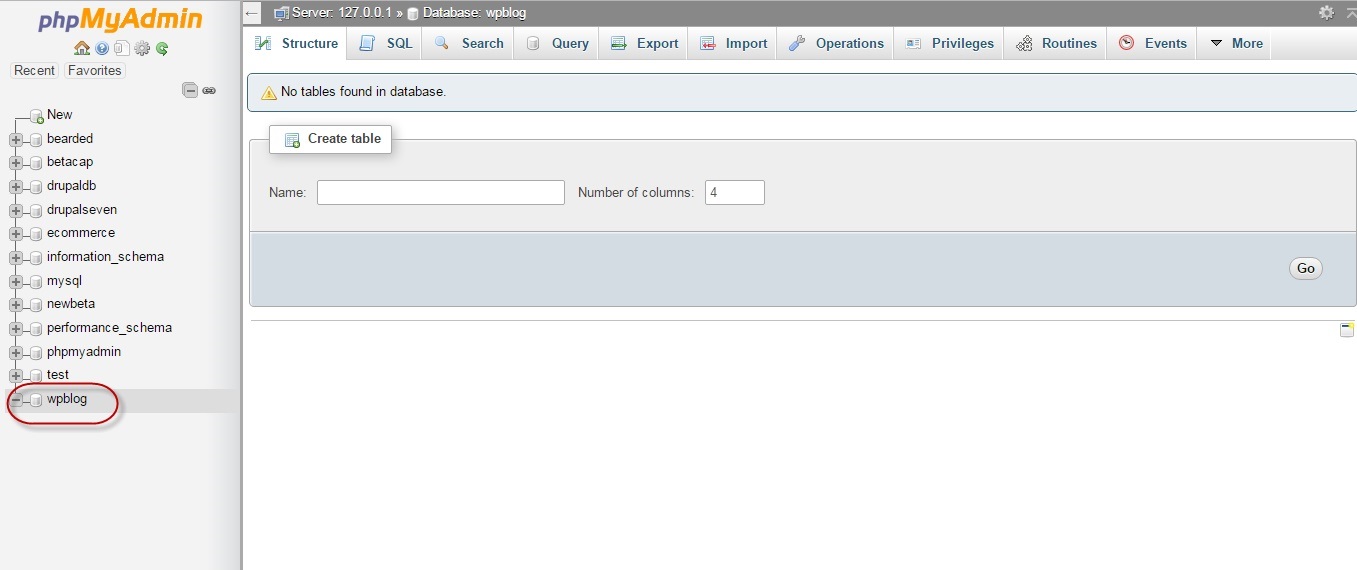 A new database named “wpblog