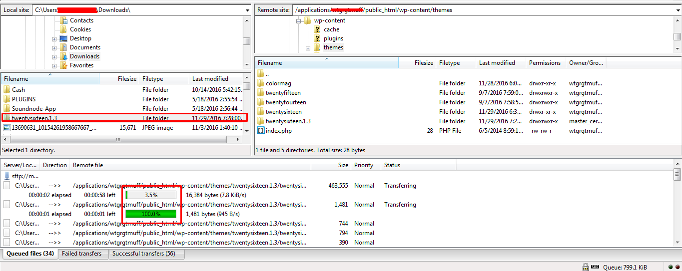 uploading file via ftp filezilla