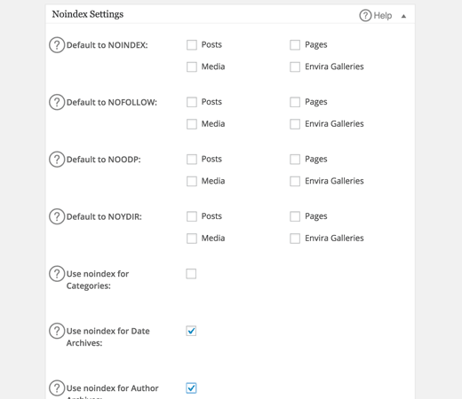 Noindex settings