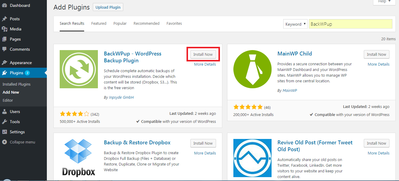 Install BackWPup WordPress Plugin