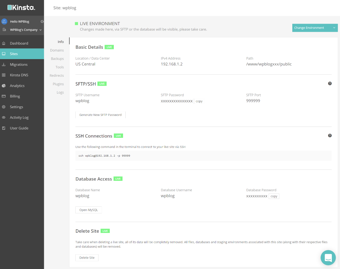 kinsta site management dashboard