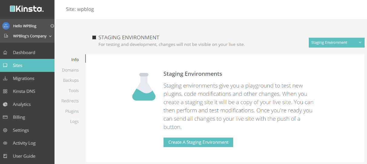 staging site kinsta dashboard