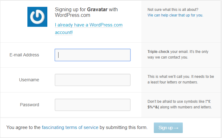 Signing up for Gravatar