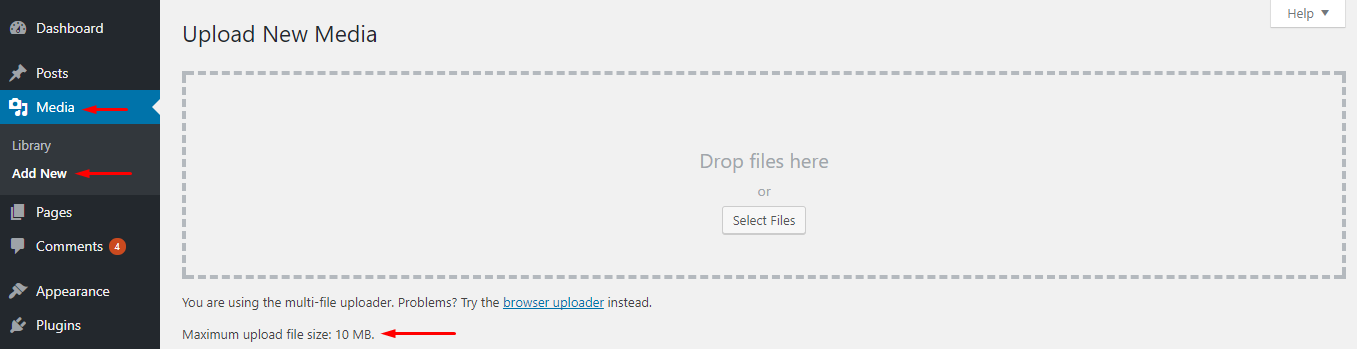 Upload new media section in WordPress