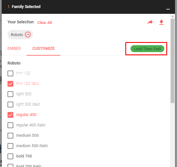 Google fonts family customization section