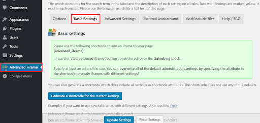 Advanced iframe basic settings