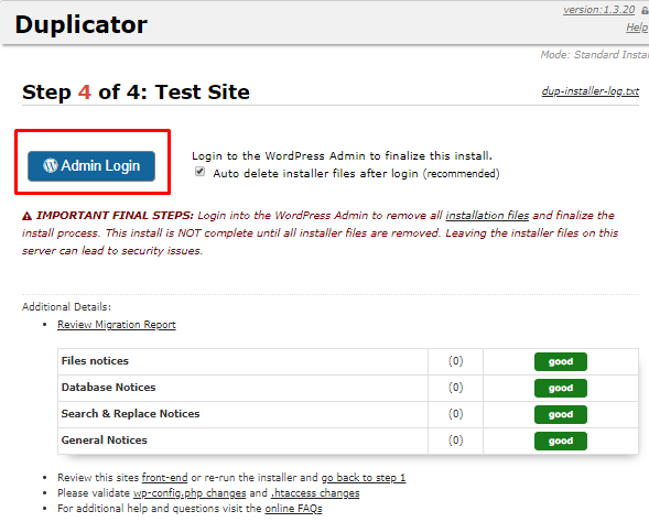 duplicator final step test site