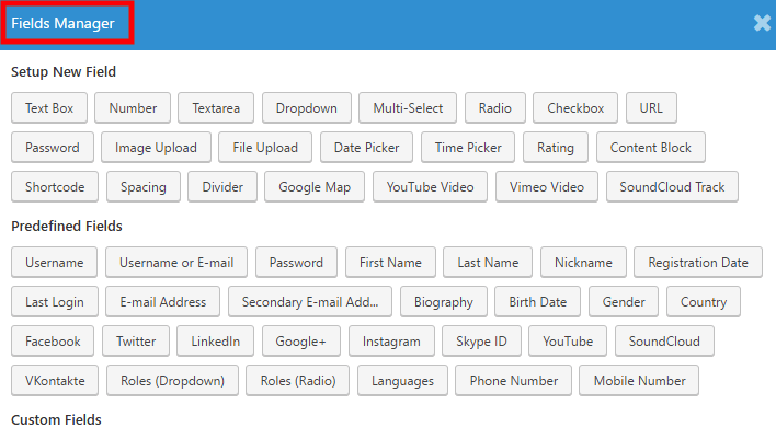 fields manager section in ultimate Plugin for WordPress