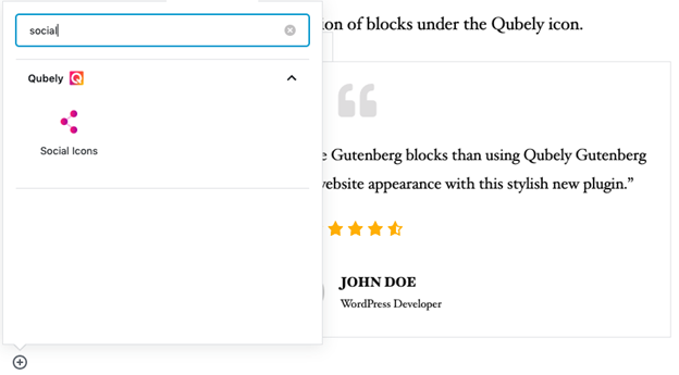 accessed Qubely blocks on Gutenberg editor dashboard