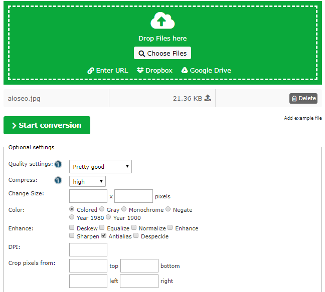 Image configuration setting on online image Converter